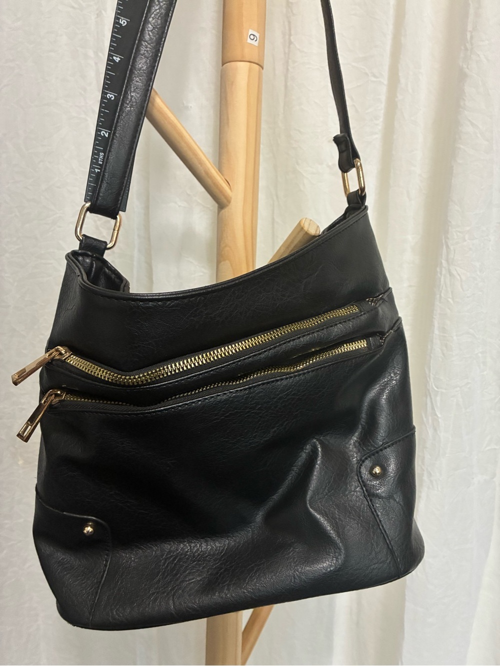 Everyday Black Shoulder Bag with Gold Zippers